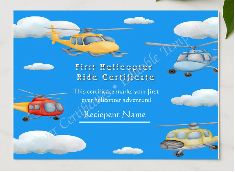 Editable First Helicopter Ride Certificate presented in a sleek wooden frame, elegantly arranged on a stylish table.