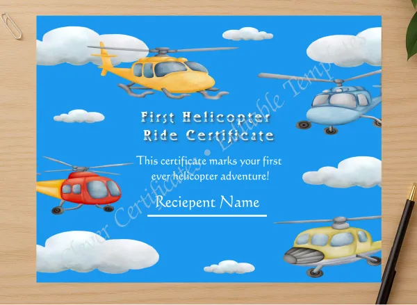 Professional preview of Editable First Helicopter Ride Certificate certificate on high-quality stationery paper, ideal for showcasing the final look.