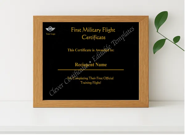 Realistic mockup featuring Editable Military First Flight Certificate displayed within a modern frame, set against a minimalistic background.
