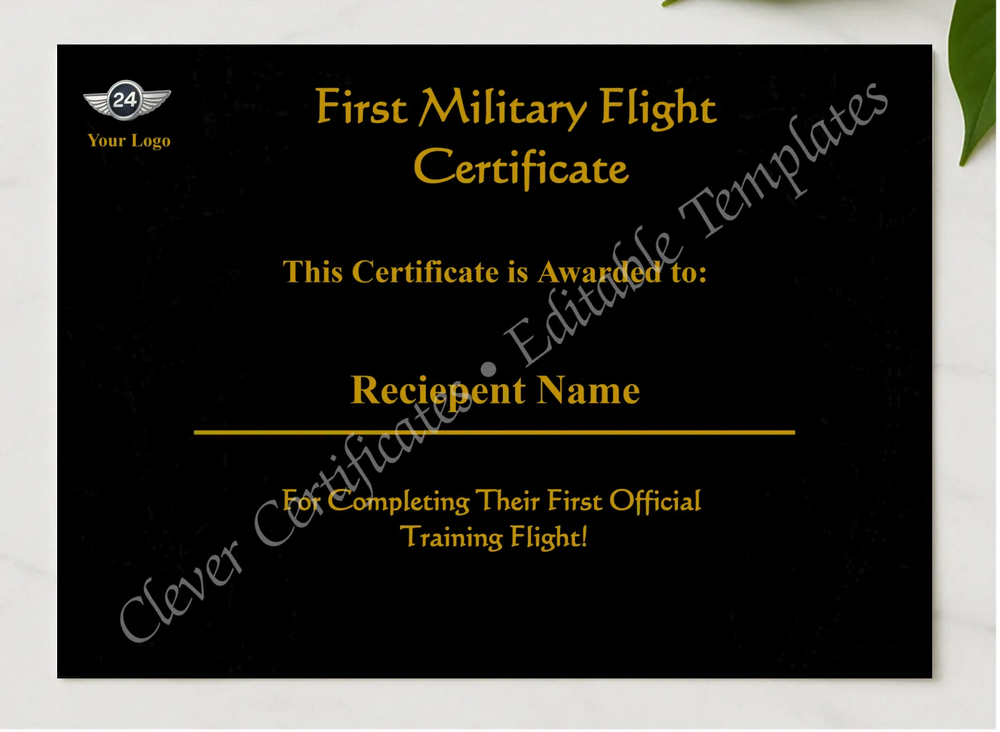 Editable Military First Flight Certificate presented in a sleek wooden frame, elegantly arranged on a stylish table.
