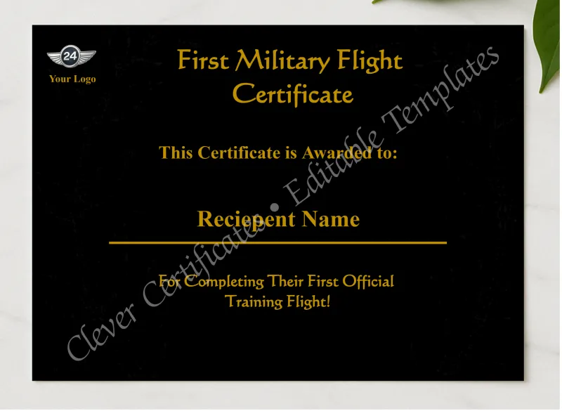 Editable Military First Flight Certificate presented in a sleek wooden frame, elegantly arranged on a stylish table.