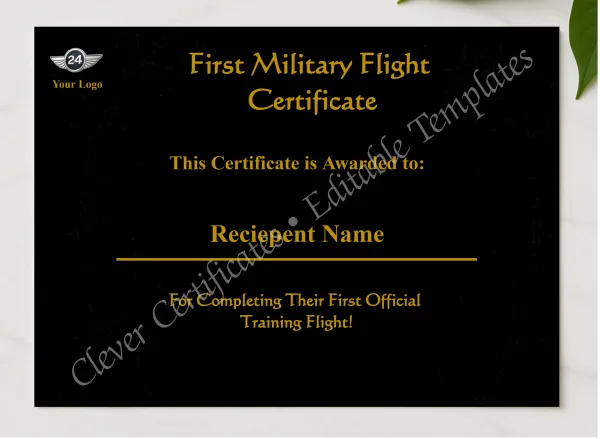 Editable Military First Flight Certificate presented in a sleek wooden frame, elegantly arranged on a stylish table.
