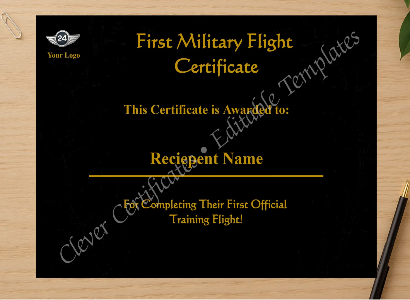 Professional preview of Editable Military First Flight Certificate certificate on high-quality stationery paper, ideal for showcasing the final look.