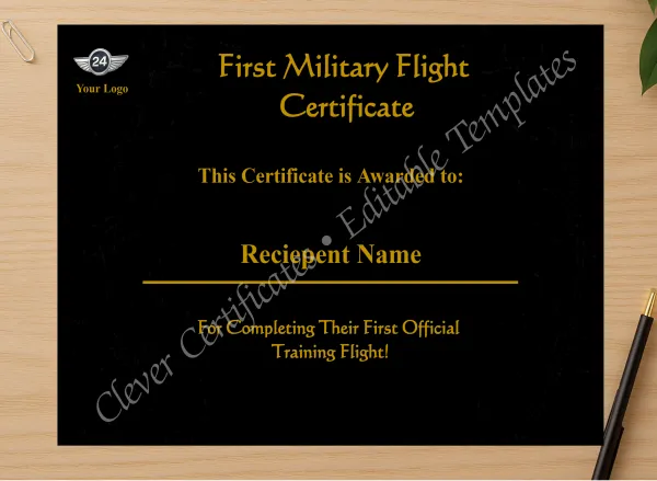 Professional preview of Editable Military First Flight Certificate certificate on high-quality stationery paper, ideal for showcasing the final look.