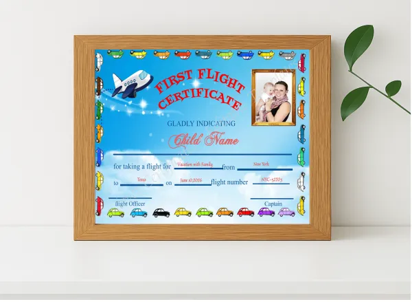 Realistic mockup featuring Editable First Flight Kids Certificate displayed within a modern frame, set against a minimalistic background.