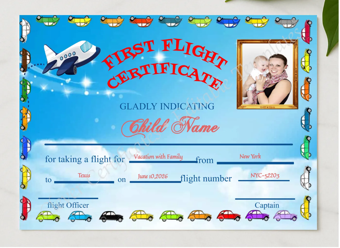 Editable First Flight Kids Certificate presented in a sleek wooden frame, elegantly arranged on a stylish table.