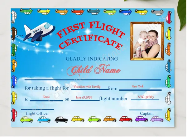 Editable First Flight Kids Certificate presented in a sleek wooden frame, elegantly arranged on a stylish table.