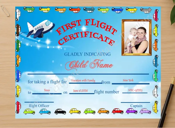 Professional preview of Editable First Flight Kids Certificate certificate on high-quality stationery paper, ideal for showcasing the final look.