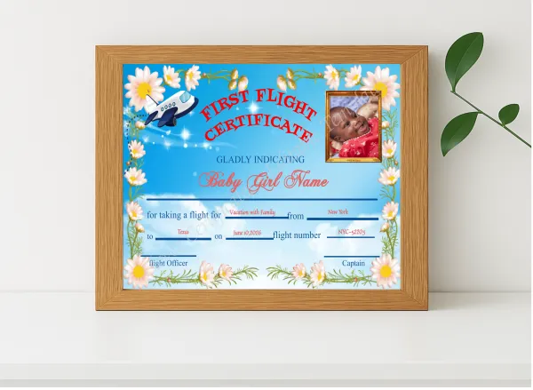 Realistic mockup featuring Editable First Flight Baby Girl Certificate displayed within a modern frame, set against a minimalistic background.