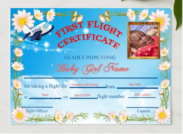Editable First Flight Baby Girl Certificate presented in a sleek wooden frame, elegantly arranged on a stylish table.
