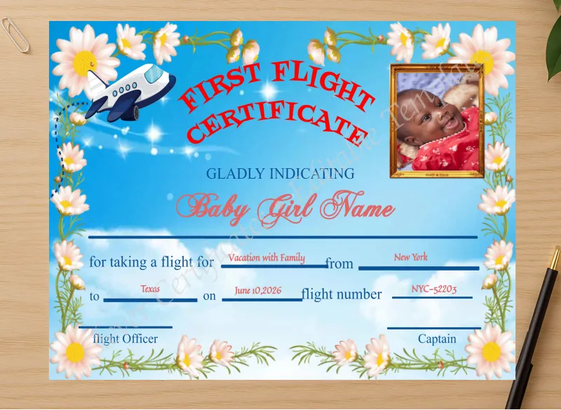 Professional preview of Editable First Flight Baby Girl Certificate certificate on high-quality stationery paper, ideal for showcasing the final look.