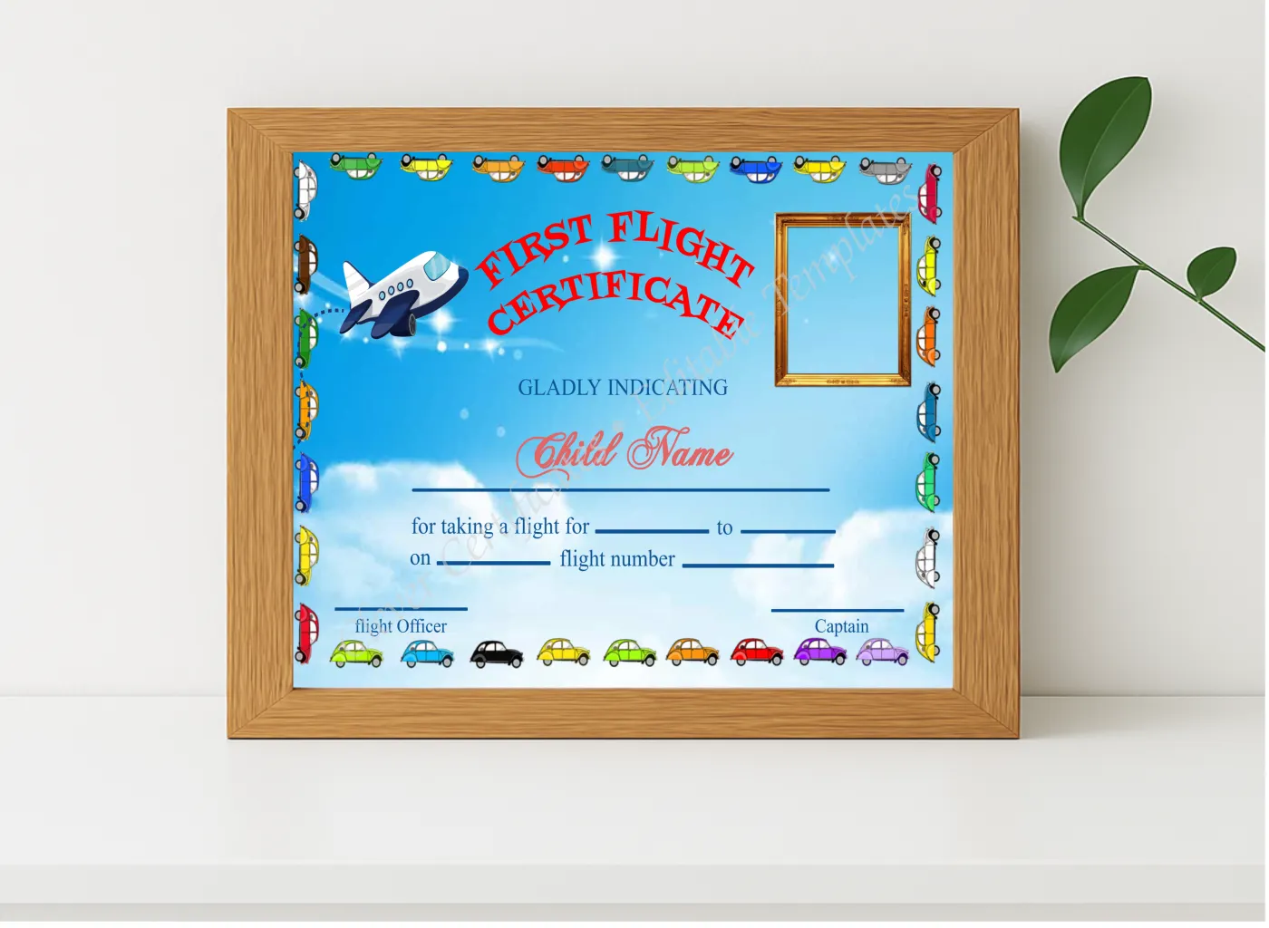 Realistic mockup featuring Editable First Flight Kids Certificate With Photo displayed within a modern frame, set against a minimalistic background.