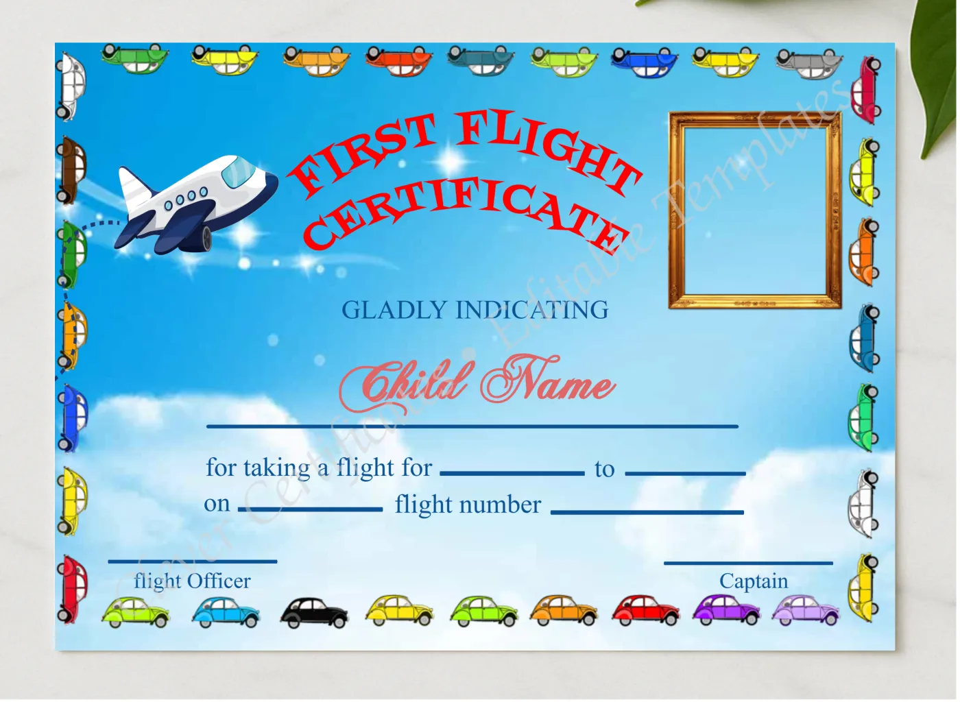 Editable First Flight Kids Certificate With Photo presented in a sleek wooden frame, elegantly arranged on a stylish table.