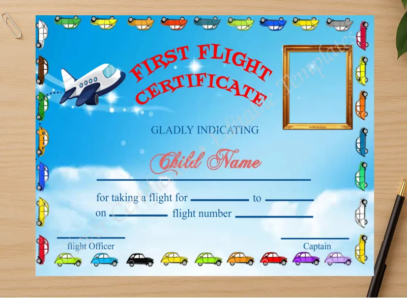 Professional preview of Editable First Flight Kids Certificate With Photo certificate on high-quality stationery paper, ideal for showcasing the final look.