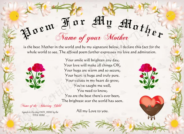 Poem For My Mother Certificate