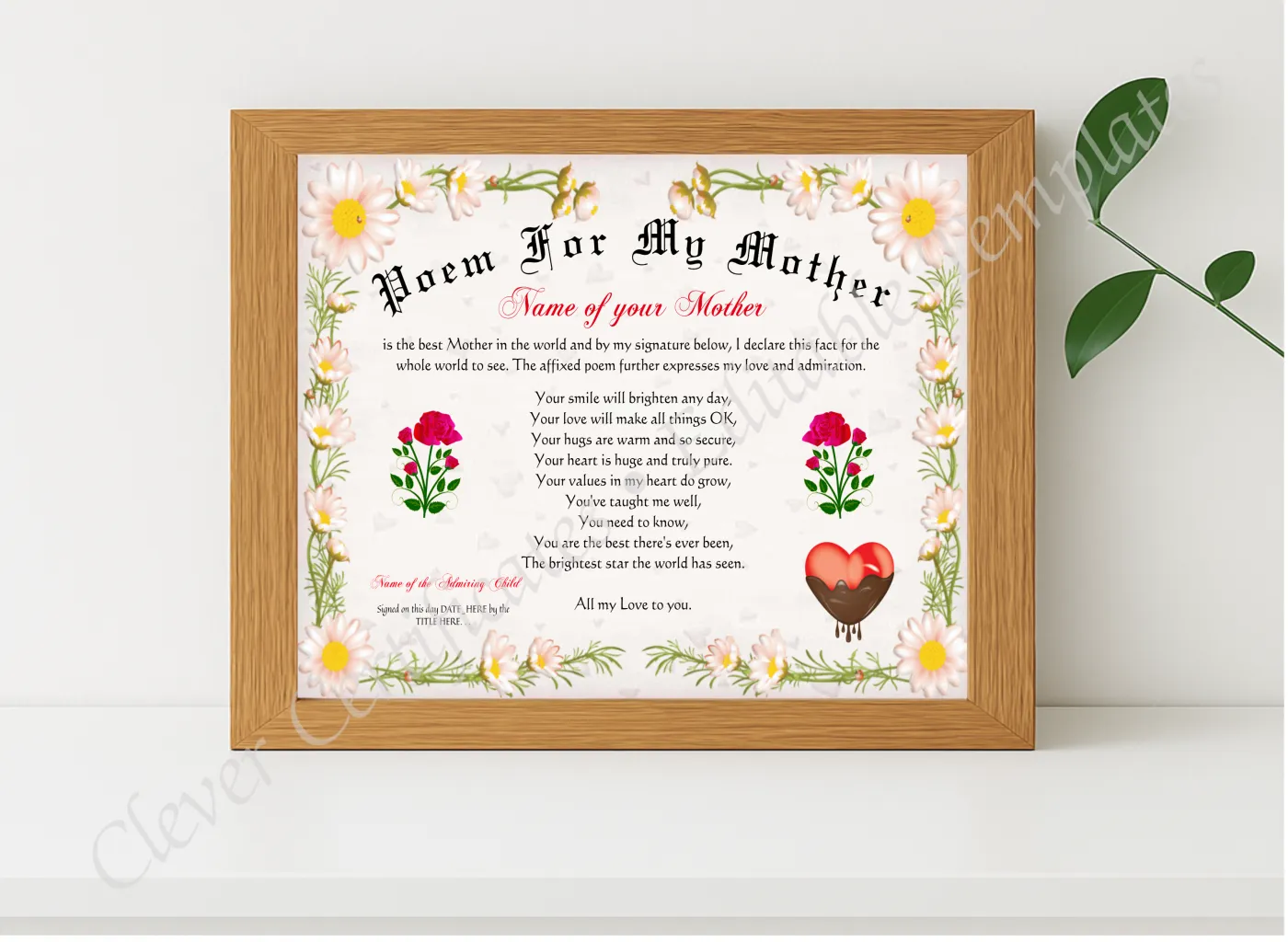 Realistic mockup featuring Poem For My Mother Certificate displayed within a modern frame, set against a minimalistic background.