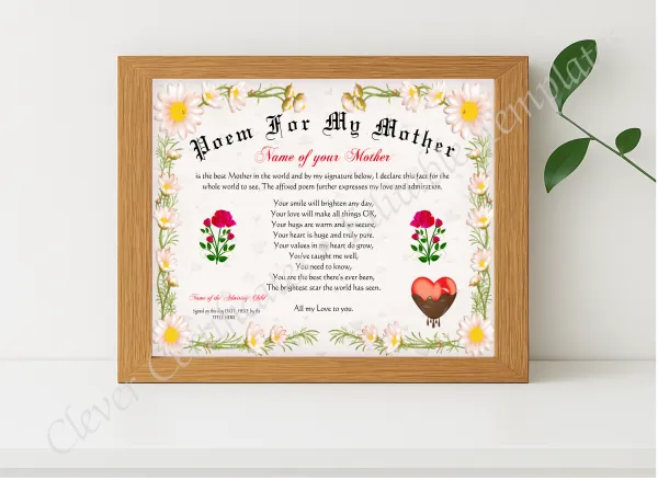 Realistic mockup featuring Poem For My Mother Certificate displayed within a modern frame, set against a minimalistic background.