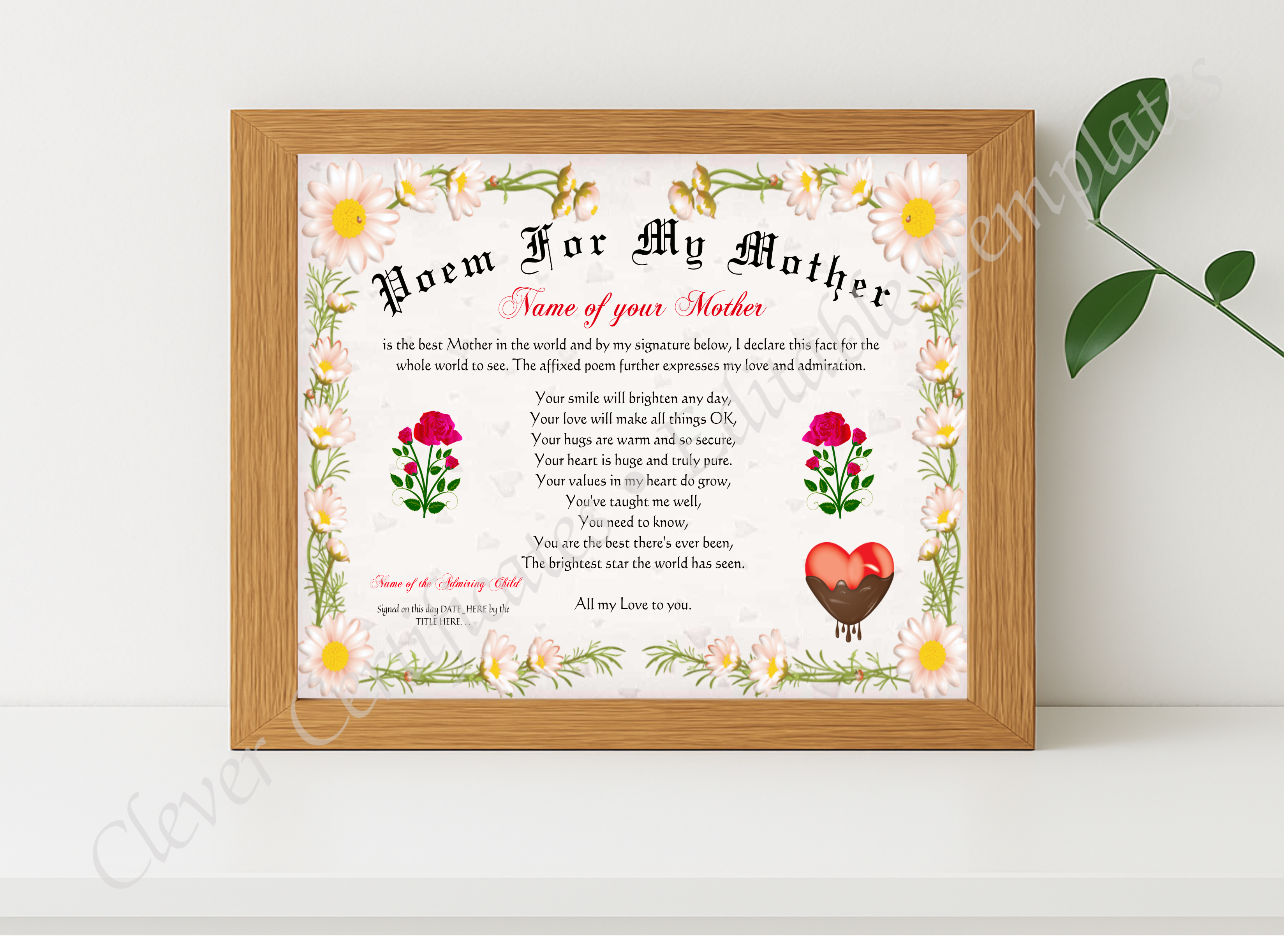 Realistic mockup featuring Poem For My Mother Certificate displayed within a modern frame, set against a minimalistic background.