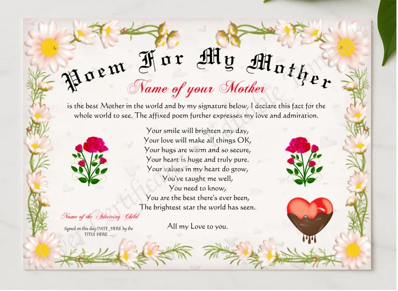 Poem For My Mother Certificate presented in a sleek wooden frame, elegantly arranged on a stylish table.