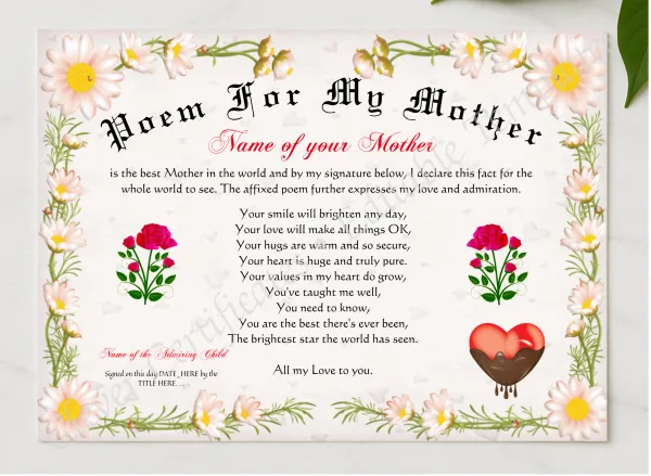 Poem For My Mother Certificate presented in a sleek wooden frame, elegantly arranged on a stylish table.