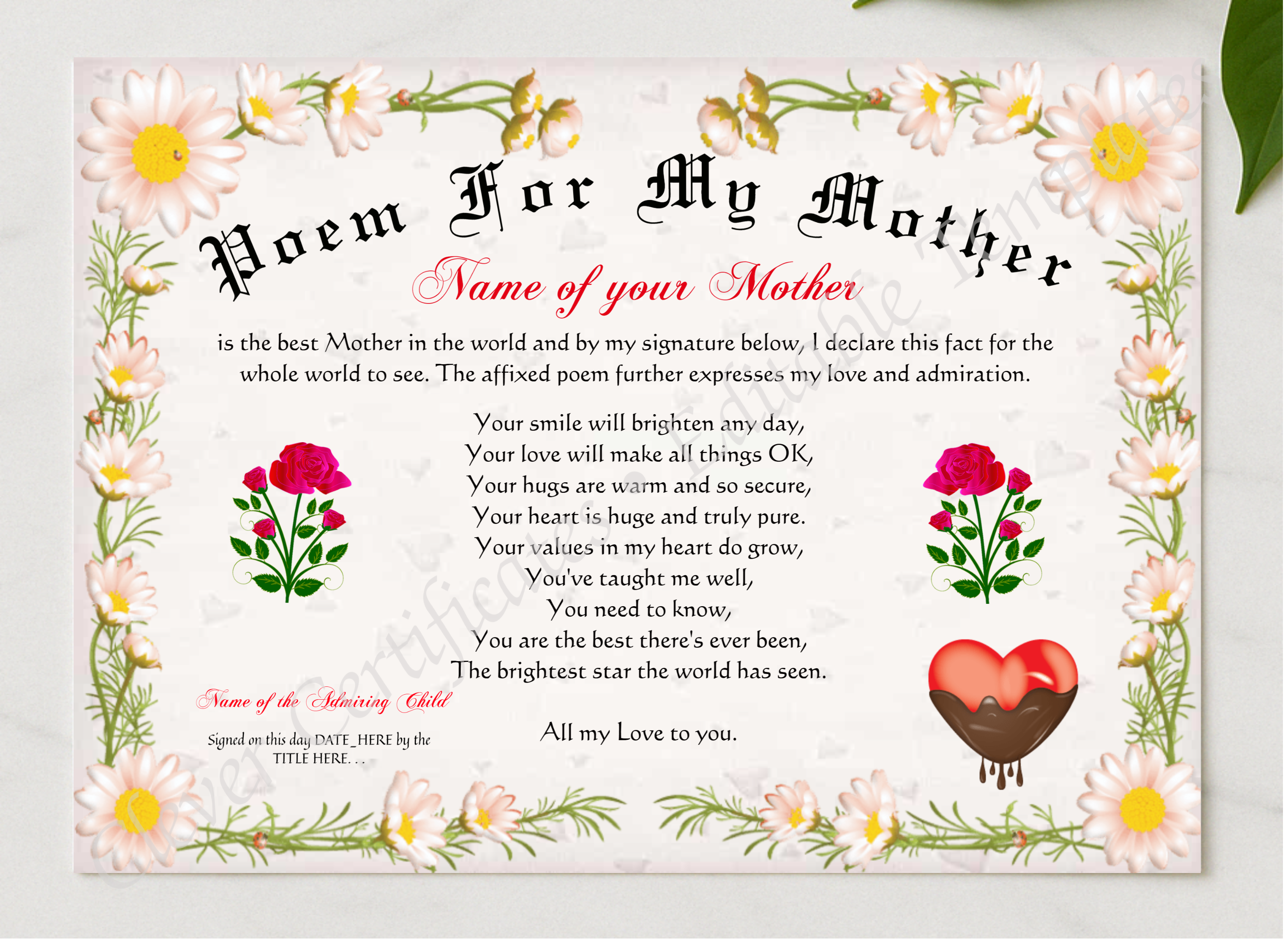 Poem For My Mother Certificate presented in a sleek wooden frame, elegantly arranged on a stylish table.