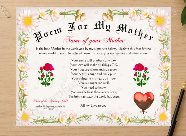 Professional preview of Poem For My Mother Certificate certificate on high-quality stationery paper, ideal for showcasing the final look.
