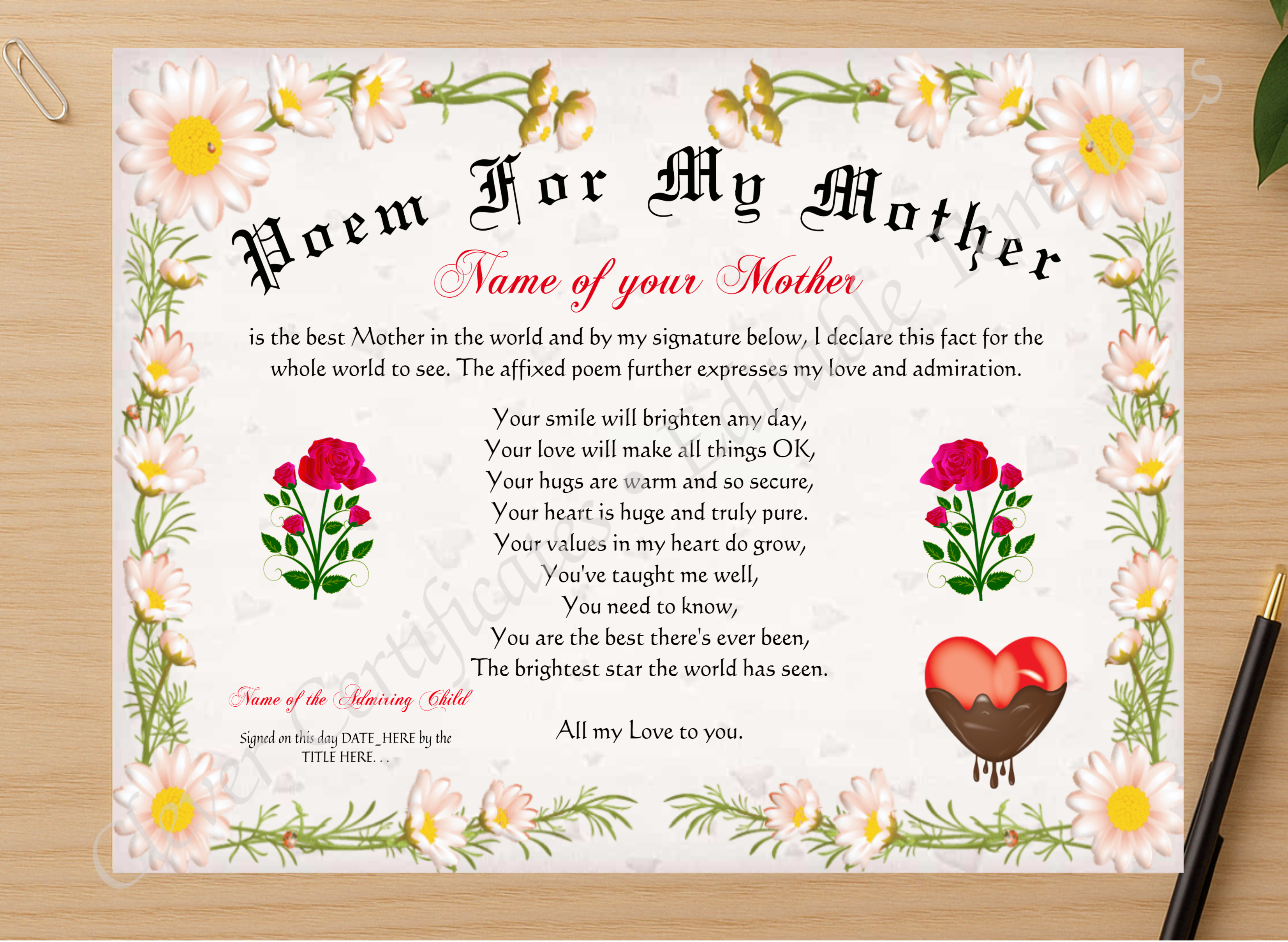 Professional preview of Poem For My Mother Certificate certificate on high-quality stationery paper, ideal for showcasing the final look.