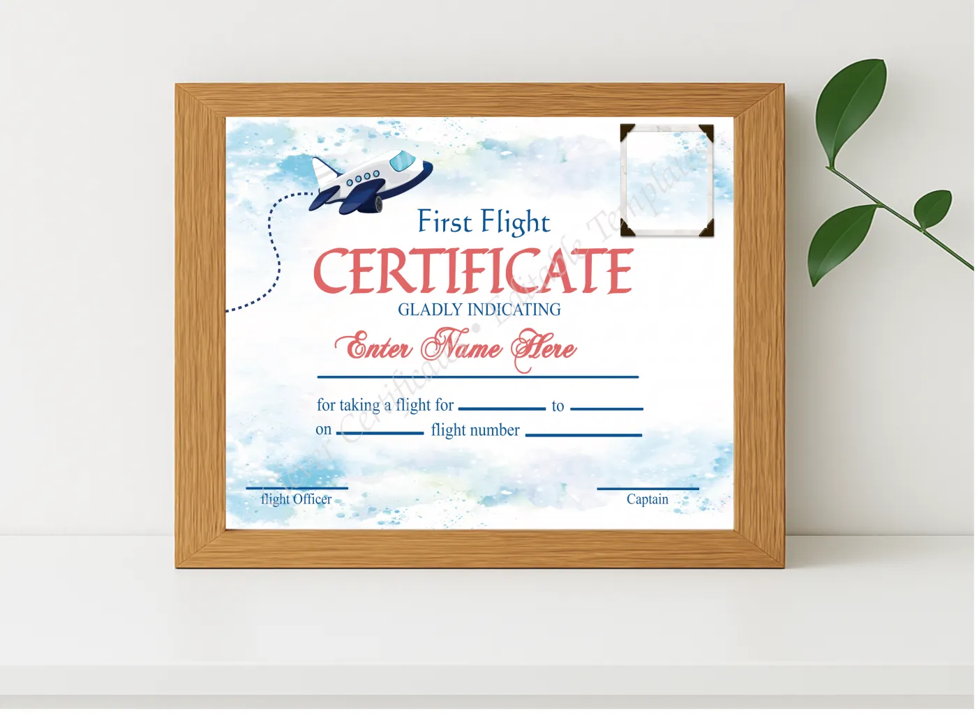 Realistic mockup featuring Editable First Flight Certificate With Photo displayed within a modern frame, set against a minimalistic background.