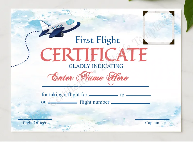 Editable First Flight Certificate With Photo presented in a sleek wooden frame, elegantly arranged on a stylish table.