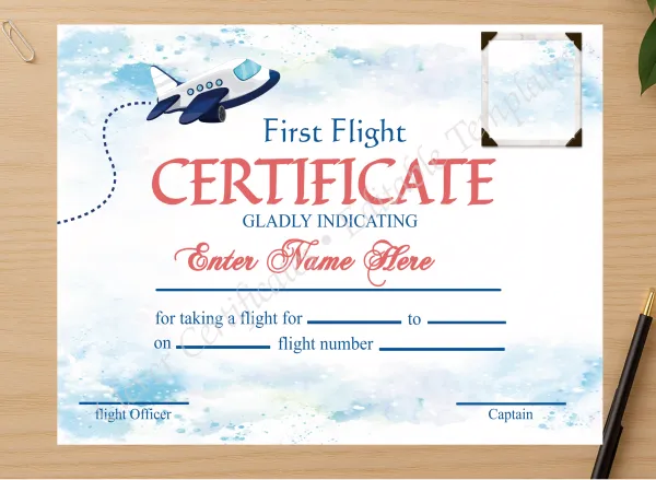 Professional preview of Editable First Flight Certificate With Photo certificate on high-quality stationery paper, ideal for showcasing the final look.