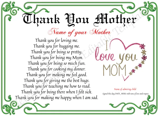 Thank You Mother Certificate