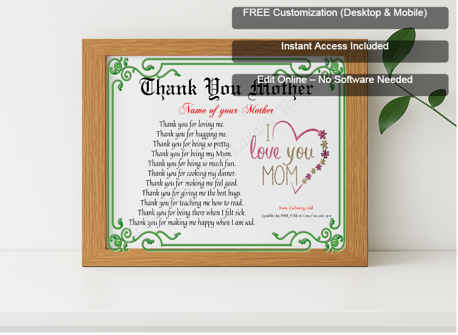 Premium mockup with Free Editor badge stack for Thank You Mother Certificate