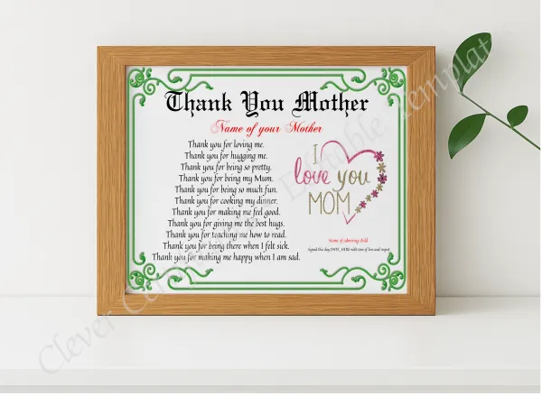 Realistic mockup featuring Thank You Mother Certificate displayed within a modern frame, set against a minimalistic background.