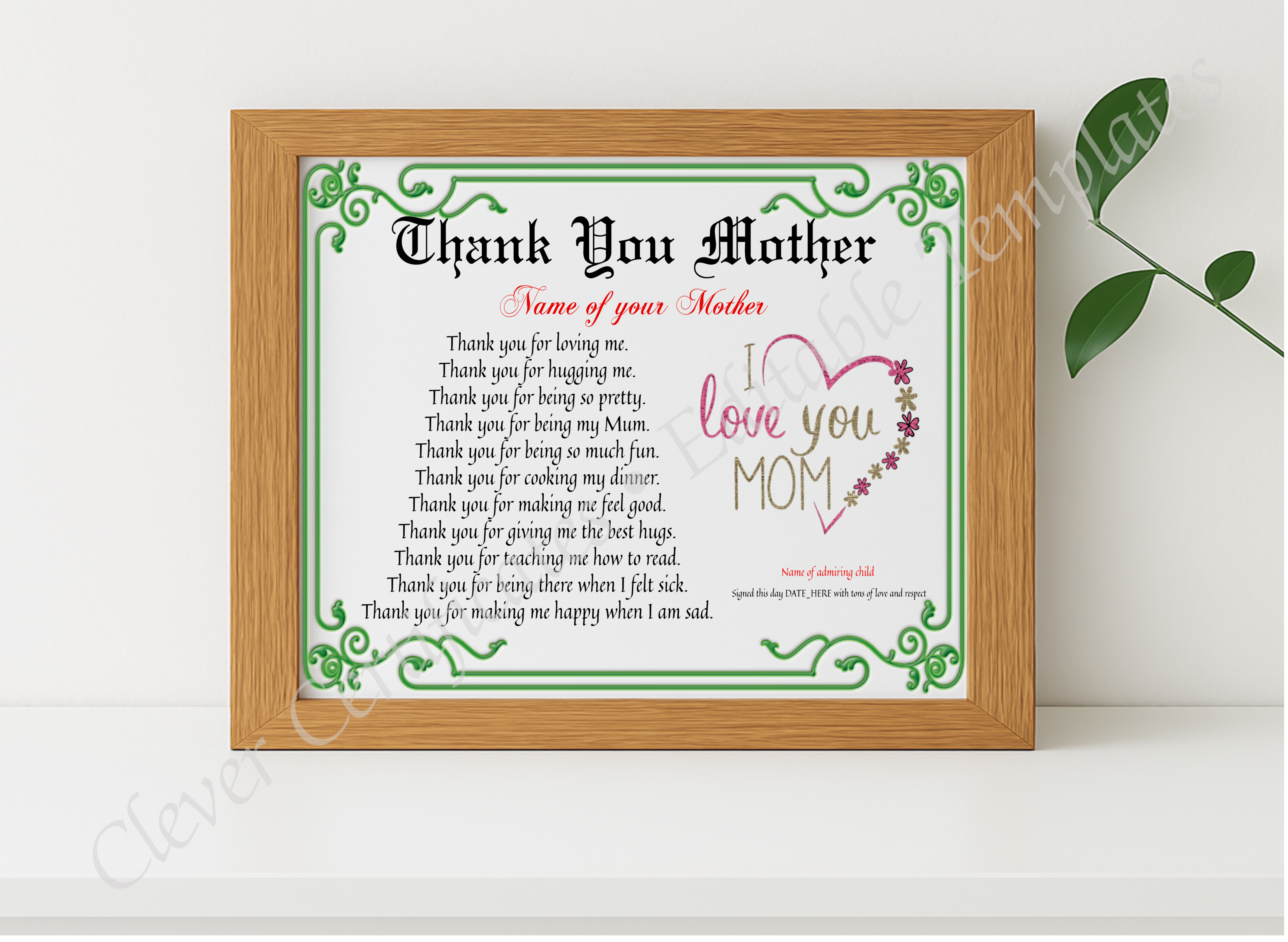 Realistic mockup featuring Thank You Mother Certificate displayed within a modern frame, set against a minimalistic background.