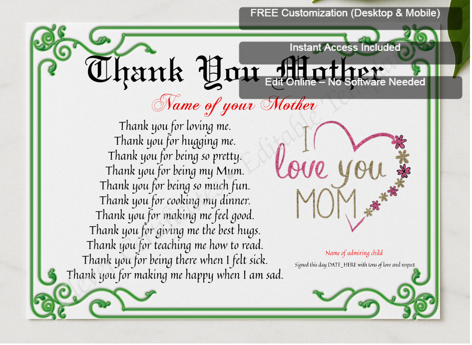Framed preview featuring Free Editor badge stack for Thank You Mother Certificate