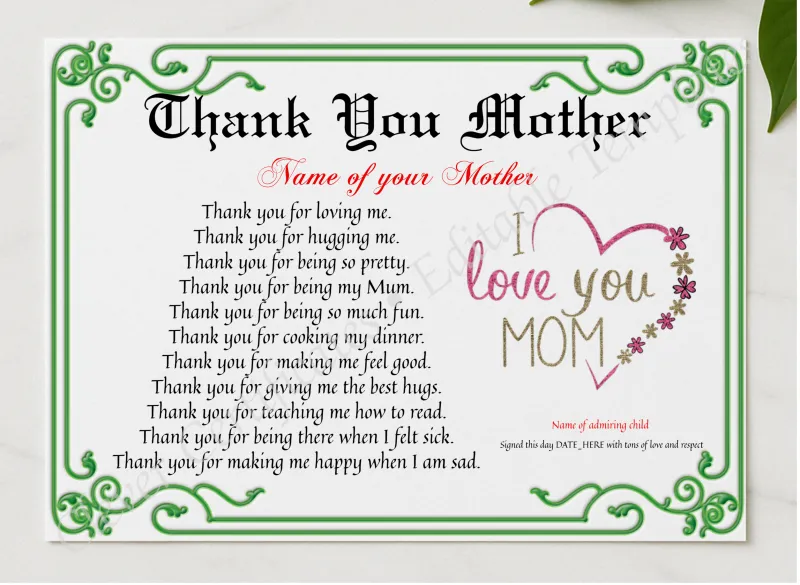 Thank You Mother Certificate presented in a sleek wooden frame, elegantly arranged on a stylish table.