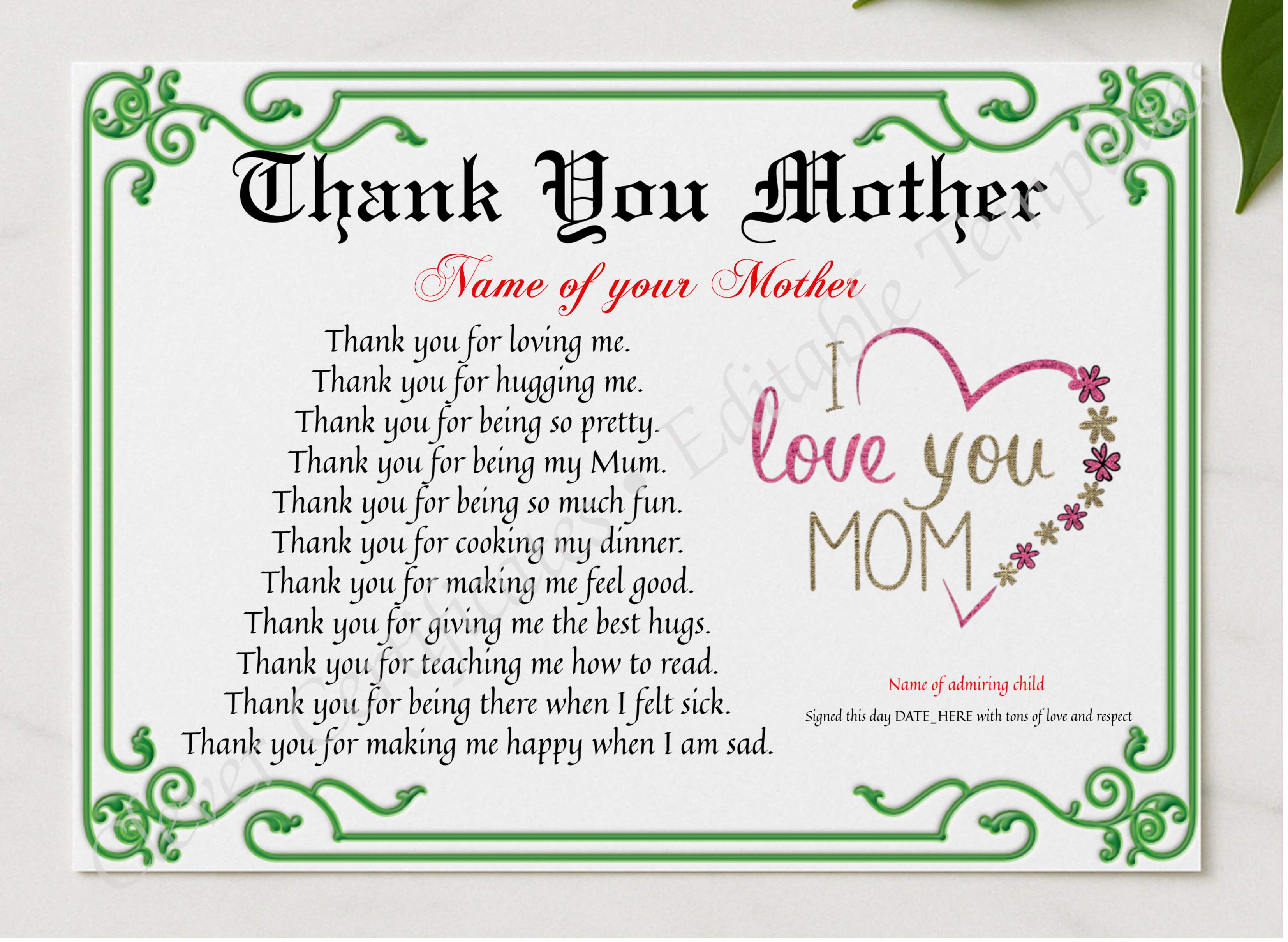 Thank You Mother Certificate presented in a sleek wooden frame, elegantly arranged on a stylish table.