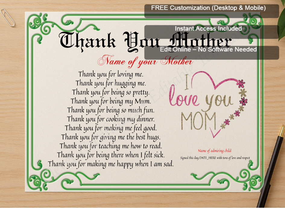 Zoomed preview with Free Editor badge stack for Thank You Mother Certificate