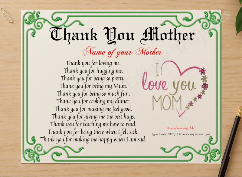 Professional preview of Thank You Mother Certificate certificate on high-quality stationery paper, ideal for showcasing the final look.