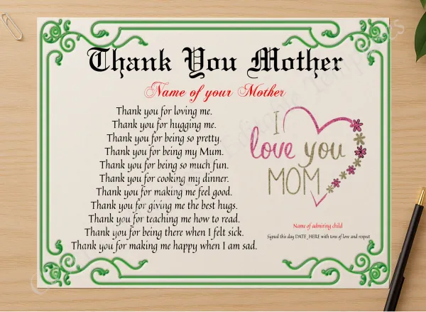 Professional preview of Thank You Mother Certificate certificate on high-quality stationery paper, ideal for showcasing the final look.