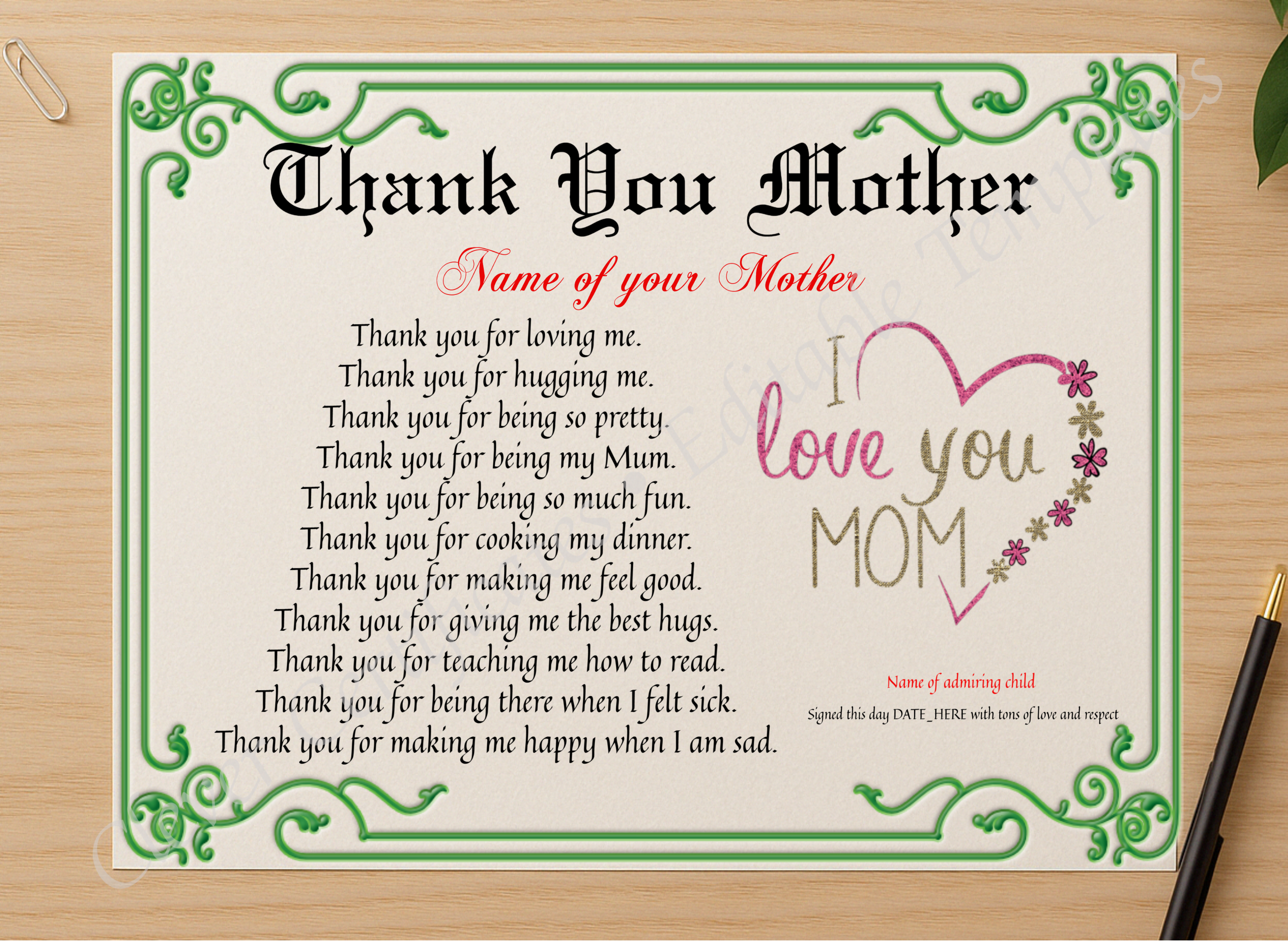 Professional preview of Thank You Mother Certificate certificate on high-quality stationery paper, ideal for showcasing the final look.