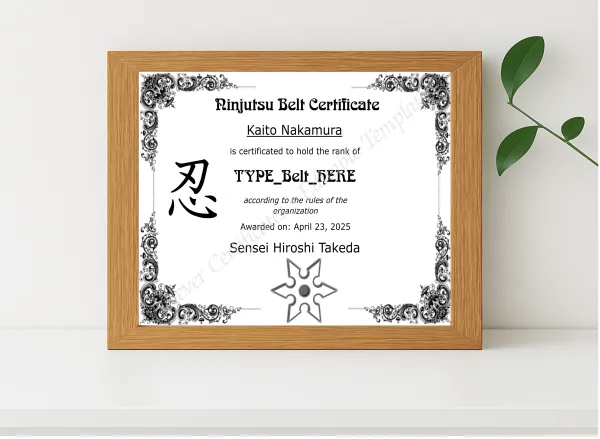 Realistic mockup featuring Ninjutsu Belt Certificate displayed within a modern frame, set against a minimalistic background.