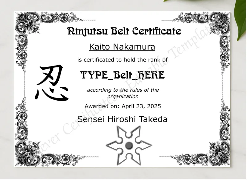 Ninjutsu Belt Certificate presented in a sleek wooden frame, elegantly arranged on a stylish table.