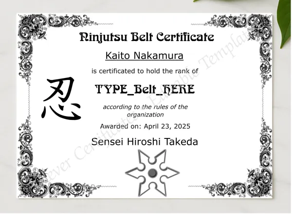 Ninjutsu Belt Certificate presented in a sleek wooden frame, elegantly arranged on a stylish table.