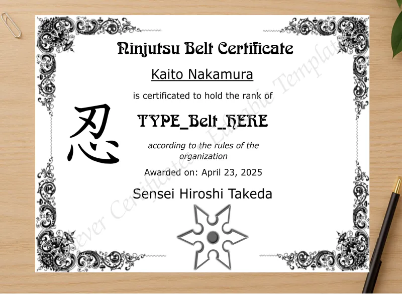 Professional preview of Ninjutsu Belt Certificate certificate on high-quality stationery paper, ideal for showcasing the final look.