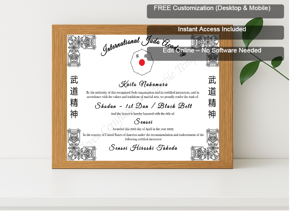 Premium mockup with Free Editor badge stack for Judo Rank Certificate