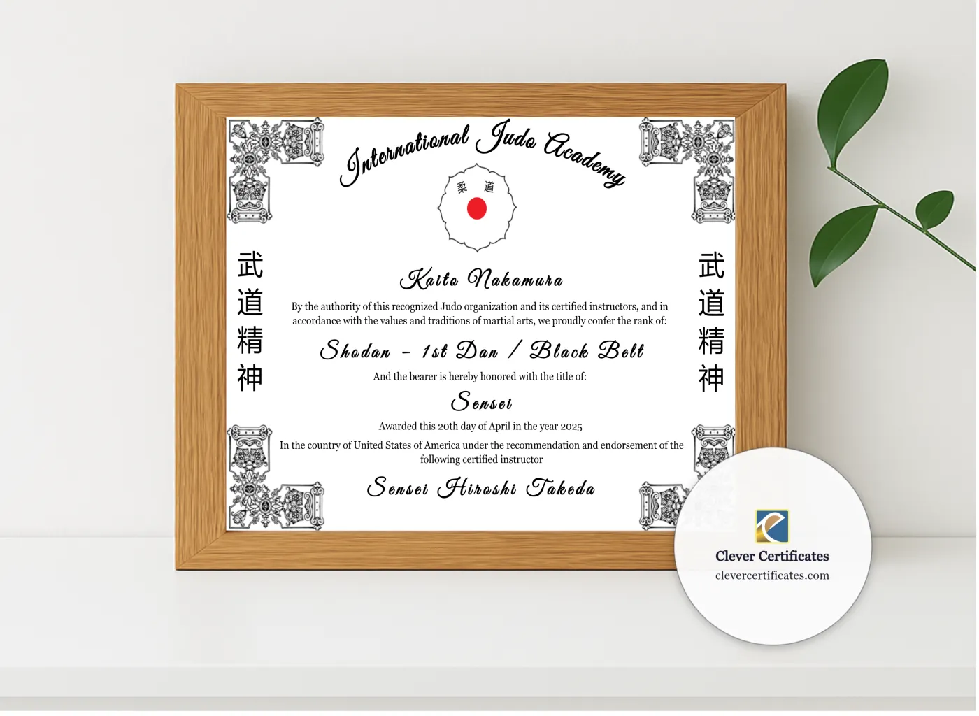 Realistic mockup featuring Judo Rank Certificate displayed within a modern frame, set against a minimalistic background.