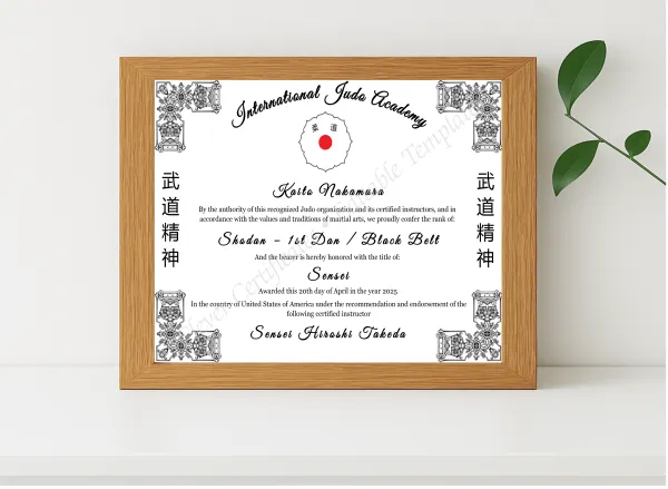 Realistic mockup featuring Judo Rank Certificate displayed within a modern frame, set against a minimalistic background.
