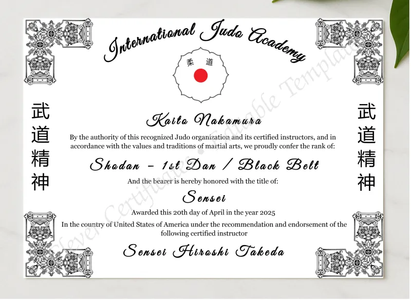 Judo Rank Certificate presented in a sleek wooden frame, elegantly arranged on a stylish table.