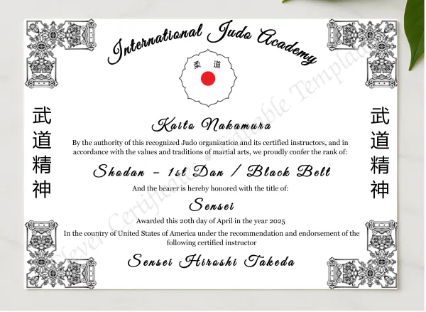 Judo Rank Certificate presented in a sleek wooden frame, elegantly arranged on a stylish table.